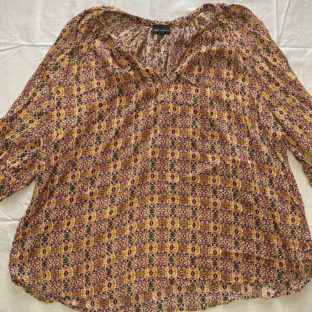 Jones New York patterned mustard, pink, black and cream peasant style top 3x